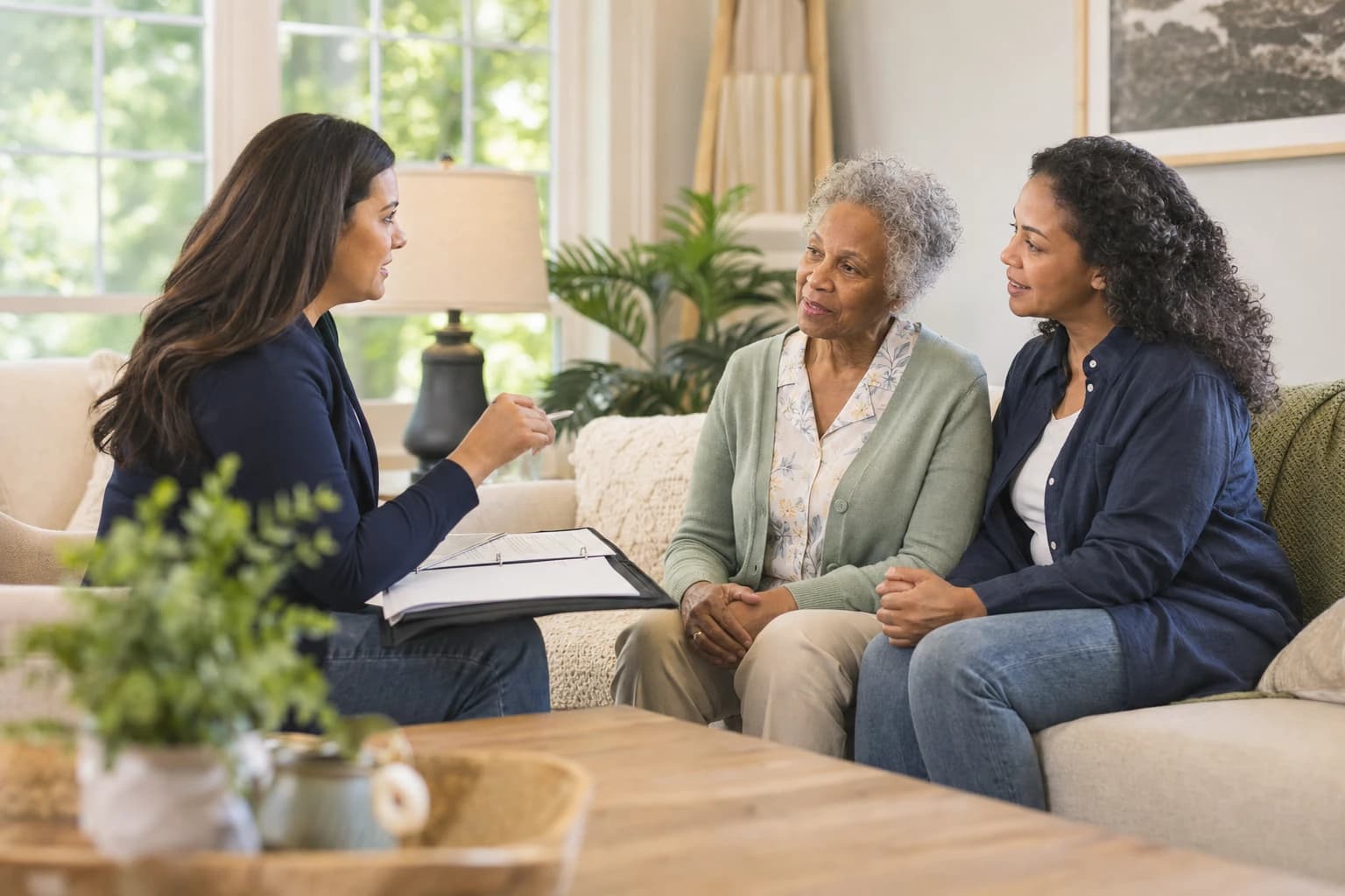 An Alabama family discussing a homecare plan with a care coordinator serving families in Limestone County, AL