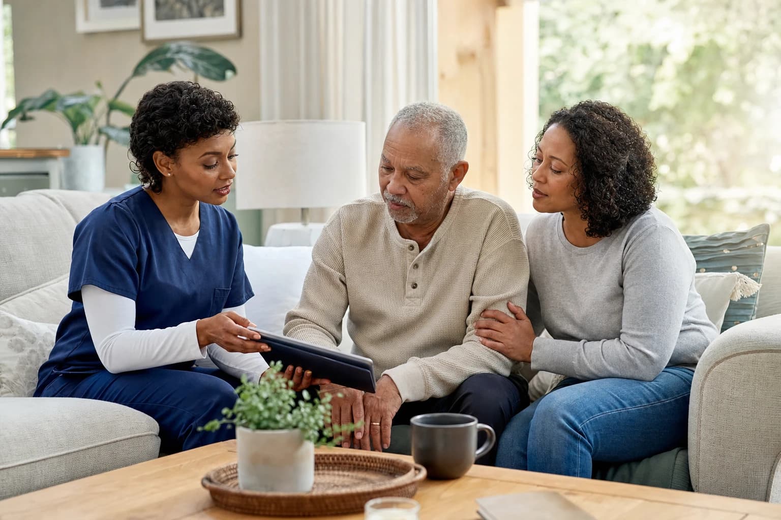 A Georgia family reviewing a homecare plan with a nurse at home serving families in Forsyth County, GA