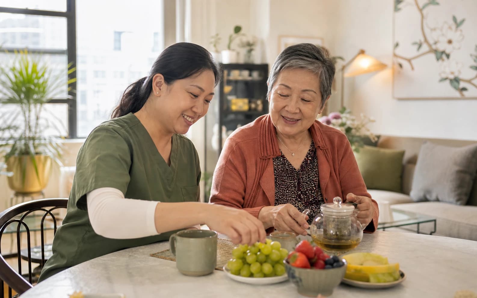 A caregiver preparing a healthy breakfast with an older adult at home in Queens County