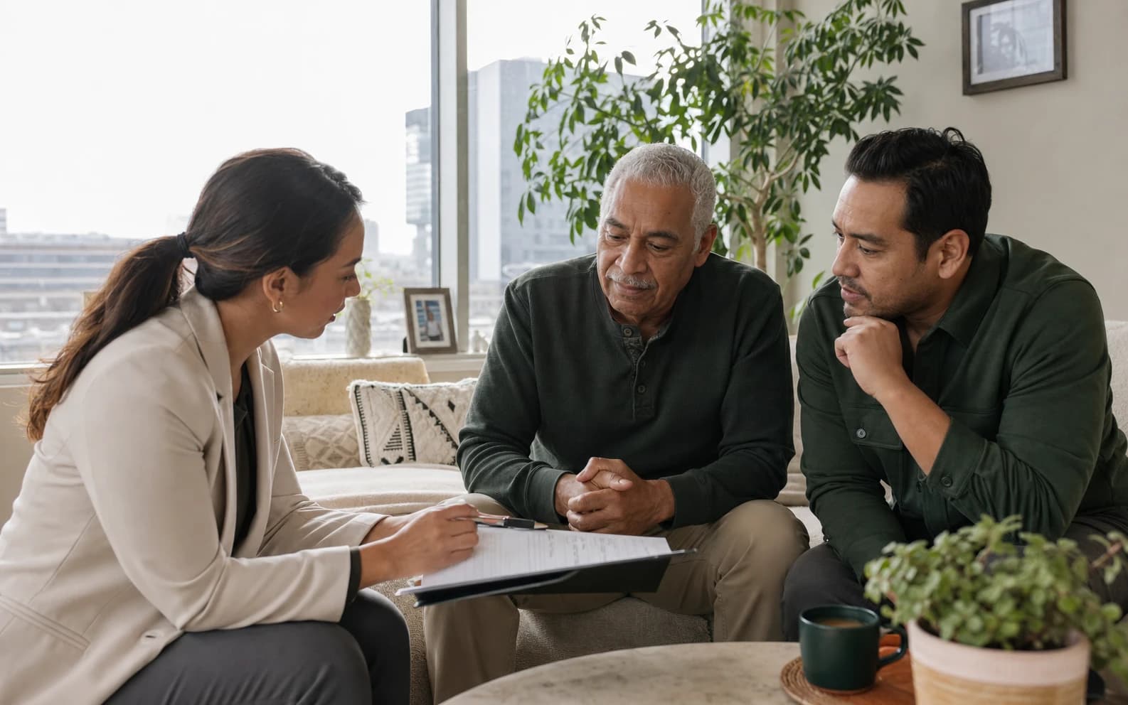 A care coordinator reviewing a homecare plan with an older couple and their daughter in Queens County