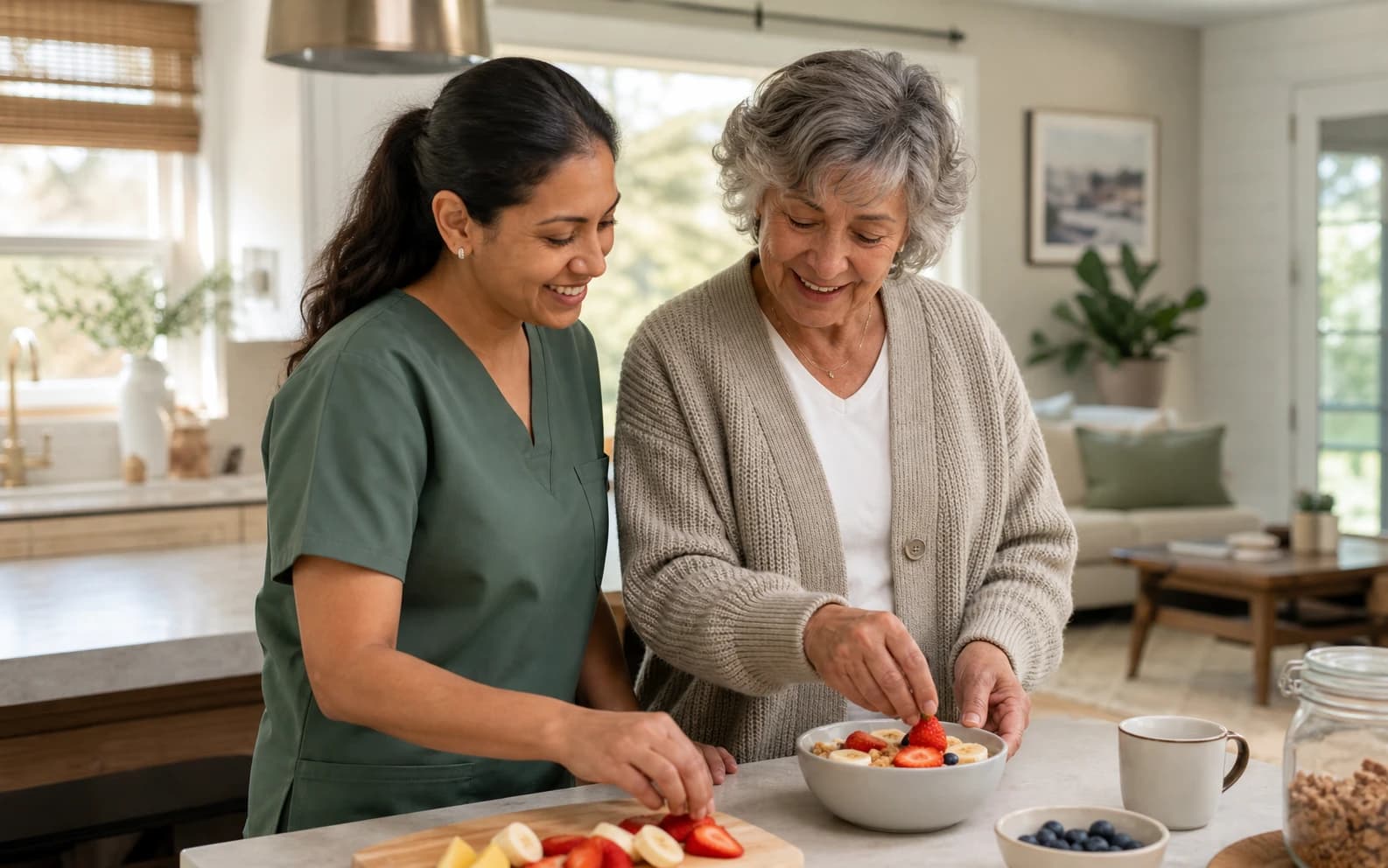 A caregiver preparing a healthy breakfast with an older adult at home in Suffolk County