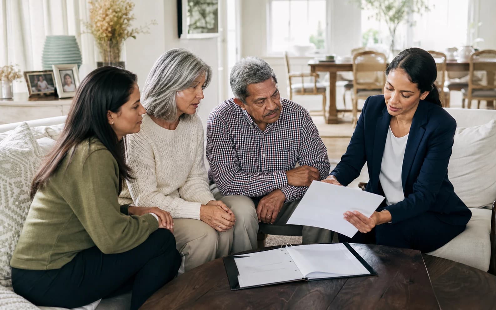 A care coordinator reviewing a homecare plan with an older couple and their daughter in Suffolk County