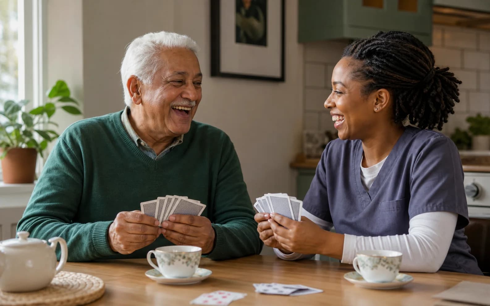 An older adult and companion caregiver enjoying cards and conversation at home
