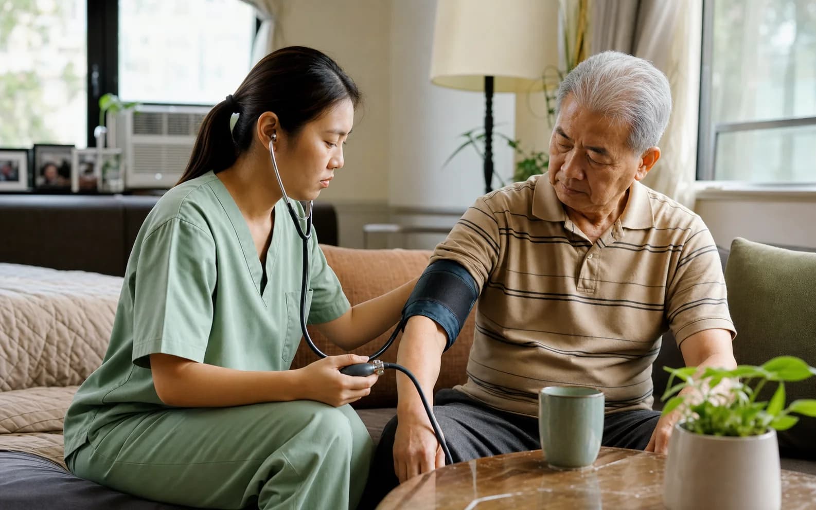 A homecare nurse monitoring an older adult with COPD in his living room