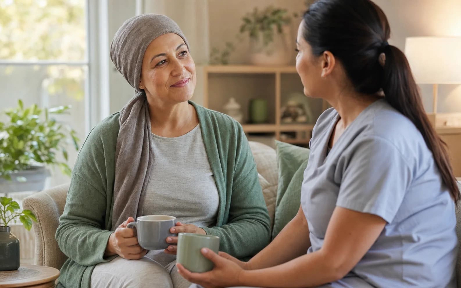 A home caregiver providing quiet companionship to an adult receiving cancer care