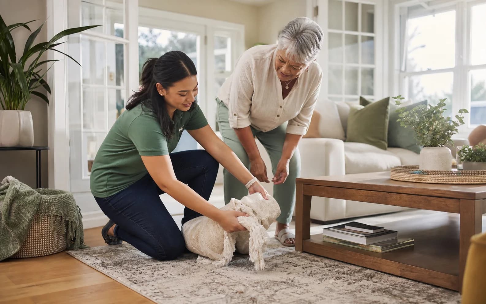 A caregiver tidying an older adult's living room to keep walkways clear and safe
