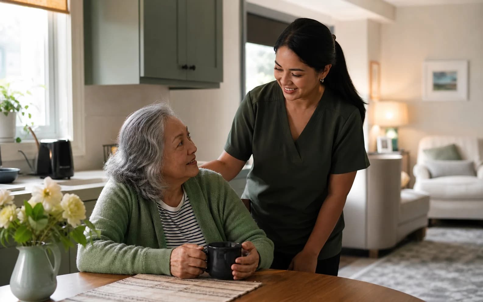 A live-in caregiver sharing a calm morning routine with an older woman at home
