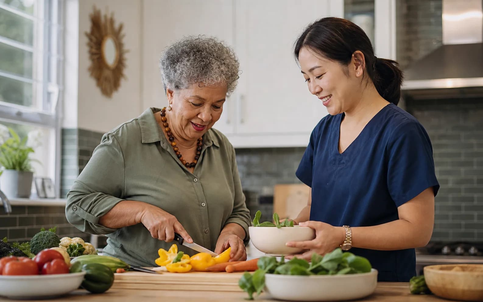 A caregiver preparing a colorful nutritious meal with an older adult at home