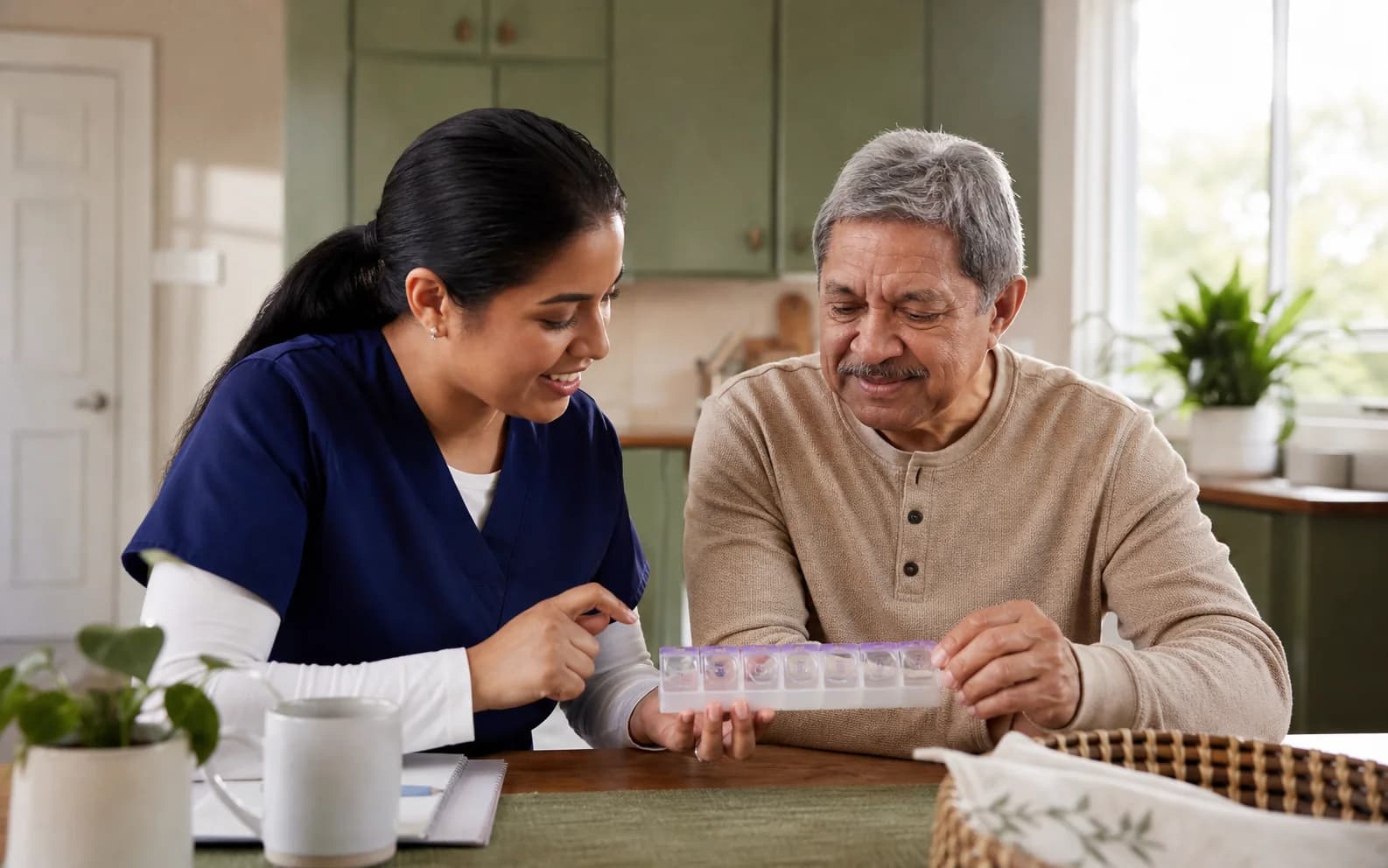A homecare nurse reviewing a pill organizer with an older adult