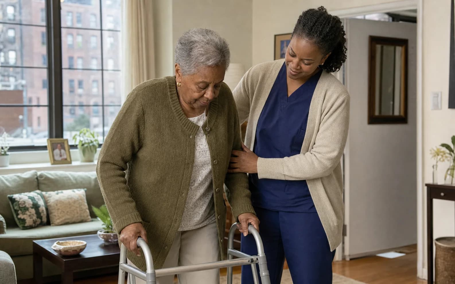 A caregiver and older adult reviewing a safe walking route through the home