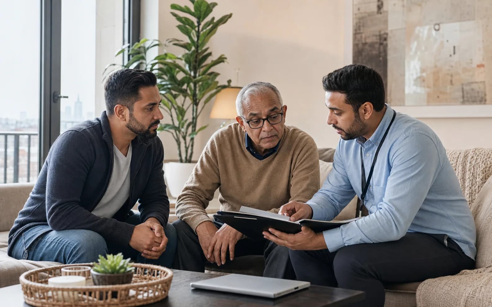 A care professional reviewing an at-home recovery plan with an older adult and his son