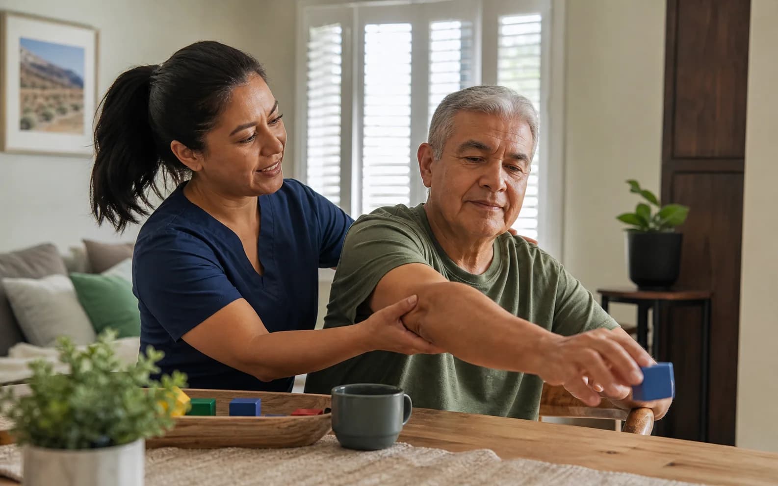 An older adult practicing supported movement with a home caregiver after a stroke