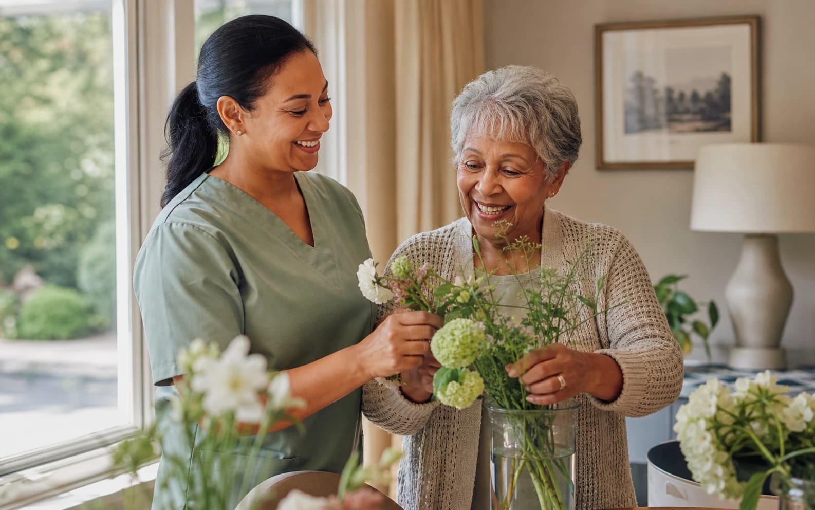 A caregiver preparing a healthy breakfast with an older adult at home in Westchester County